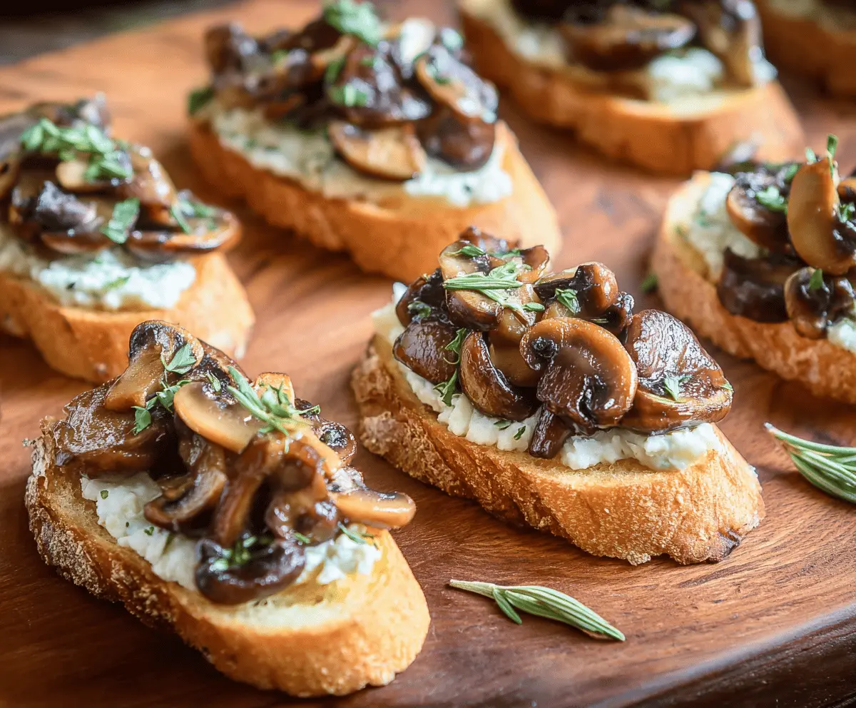 Delicious Mushroom Crostini with fresh herbs and melted cheese on toasted baguette slices