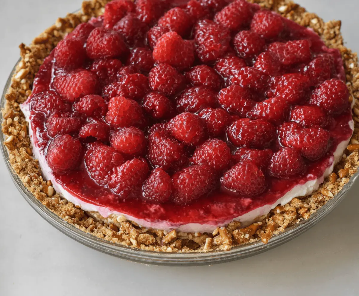 Delicious No-Bake Raspberry Pretzel Pie topped with fresh raspberries and a crunchy pretzel crust.