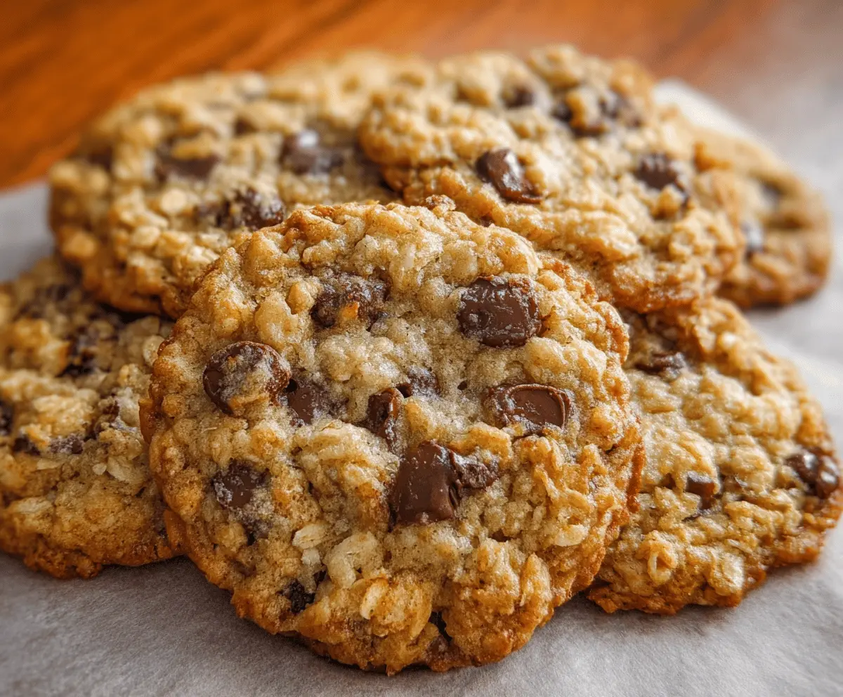 Delicious homemade oatmeal chocolate chip cookies fresh out of the oven.