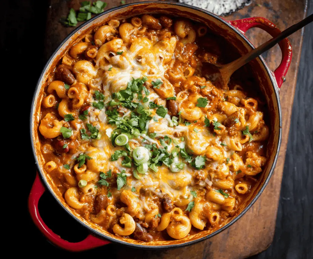 Delicious One Pot Chili Mac and Cheese served in a bowl with melted cheese and seasoned chili topping.