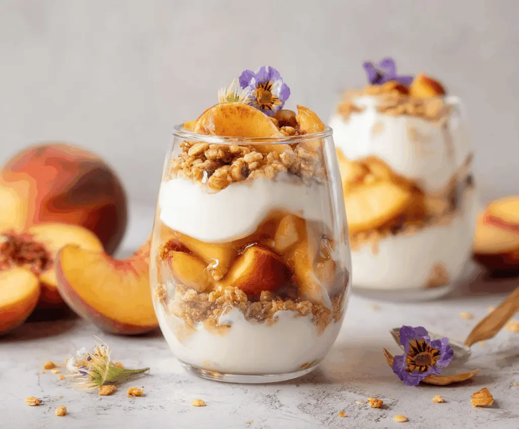 Delicious Peach Yogurt Parfait layered with fresh peaches, creamy yogurt, and crunchy granola