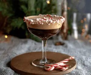 Delicious Peppermint Mocha Martini garnished with mint leaves and chocolate shavings on a festive tray.