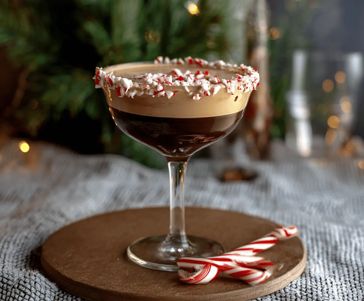 Delicious Peppermint Mocha Martini garnished with mint leaves and chocolate shavings on a festive tray.