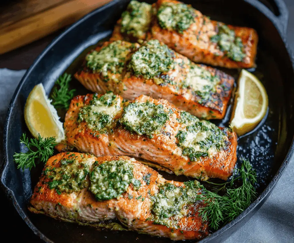 Delicious Pesto Butter Salmon served on a plate, garnished with fresh herbs