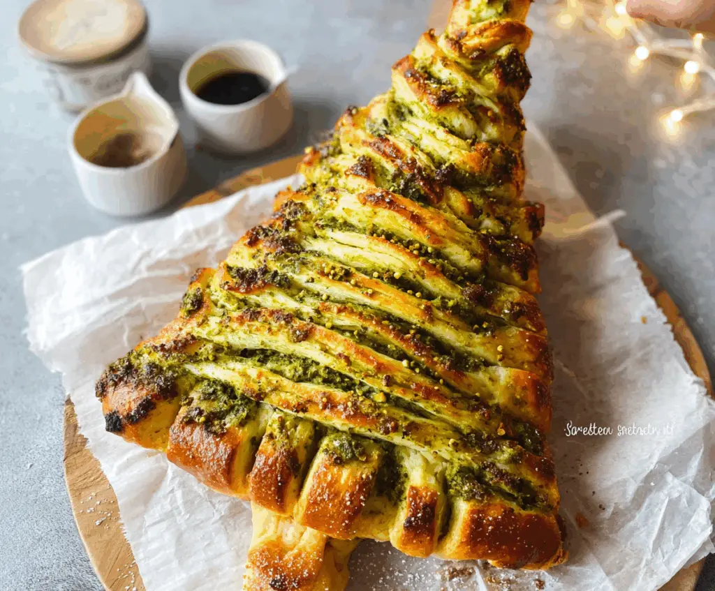 Festive pesto Christmas tree pull-apart bread topped with fresh herbs and cheese for holiday celebrations.