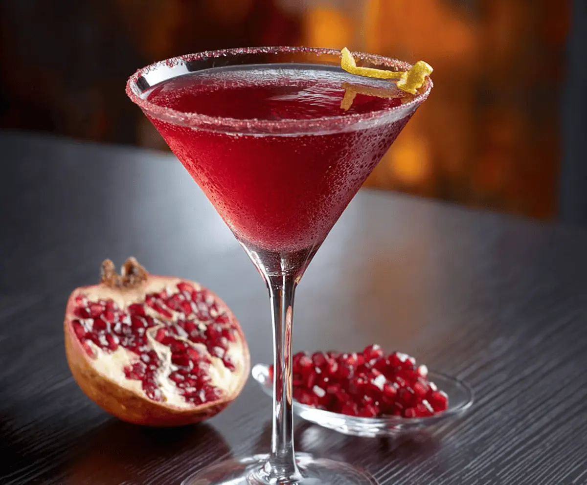 Bright and colorful Pomegranate Martini cocktail garnished with fresh pomegranate seeds and a slice of lime.