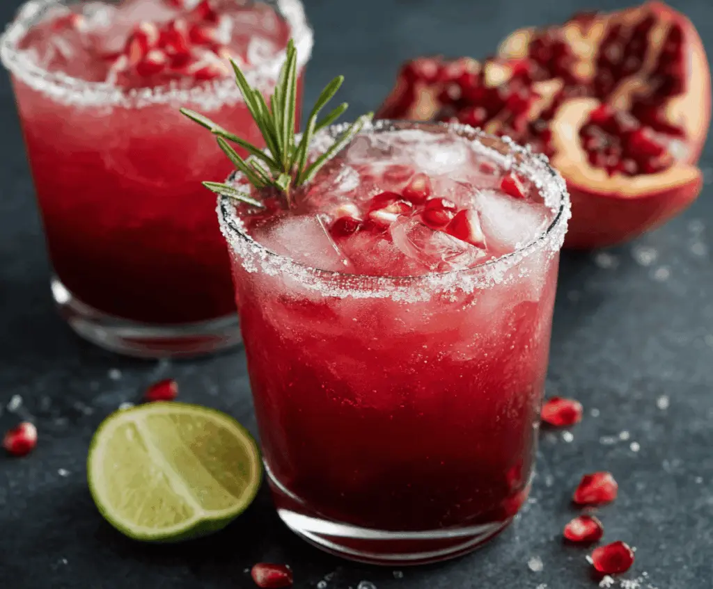 Refreshing Pomegranate Paloma cocktail in a glass garnished with pomegranate seeds and a lime wedge.