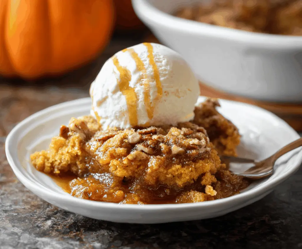 Delicious homemade pumpkin cobbler with a golden crust served in a rustic dish.