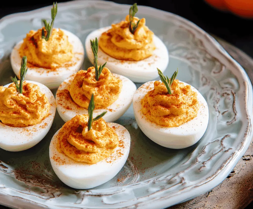 Decorative pumpkin-shaped deviled eggs garnished with fresh herbs for Halloween.