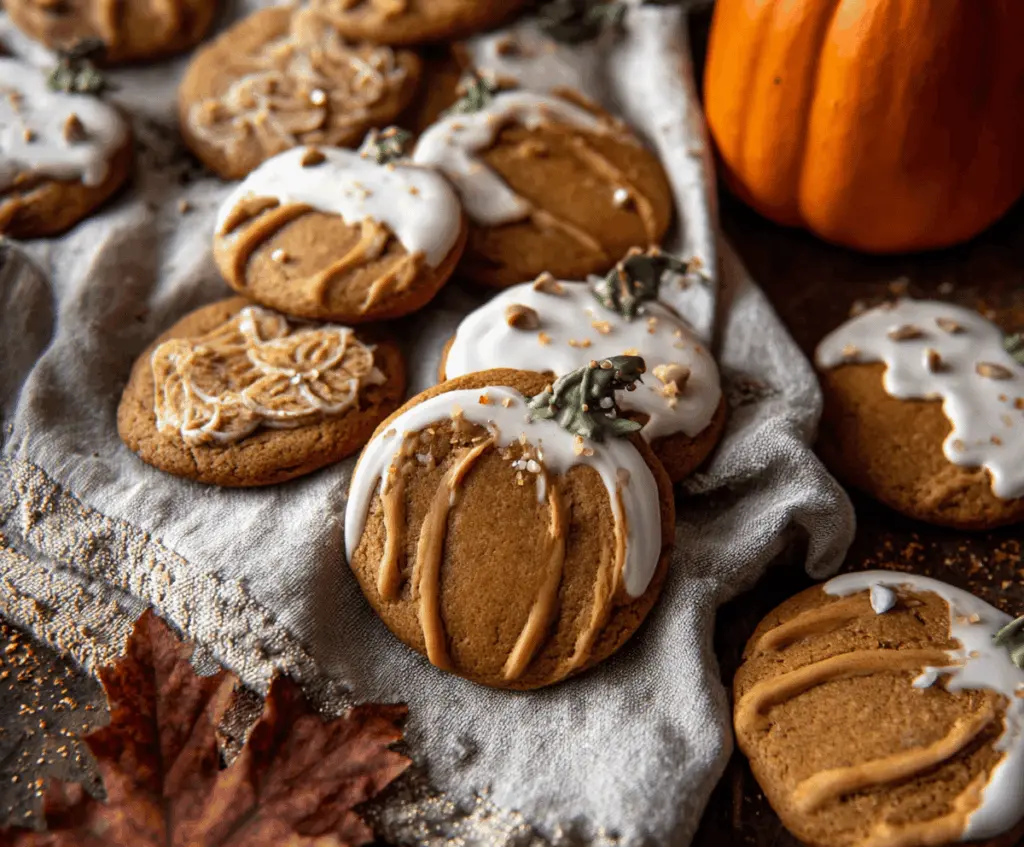 Homemade pumpkin gingerbread cookies decorated with festive icing for Halloween or fall celebrations.