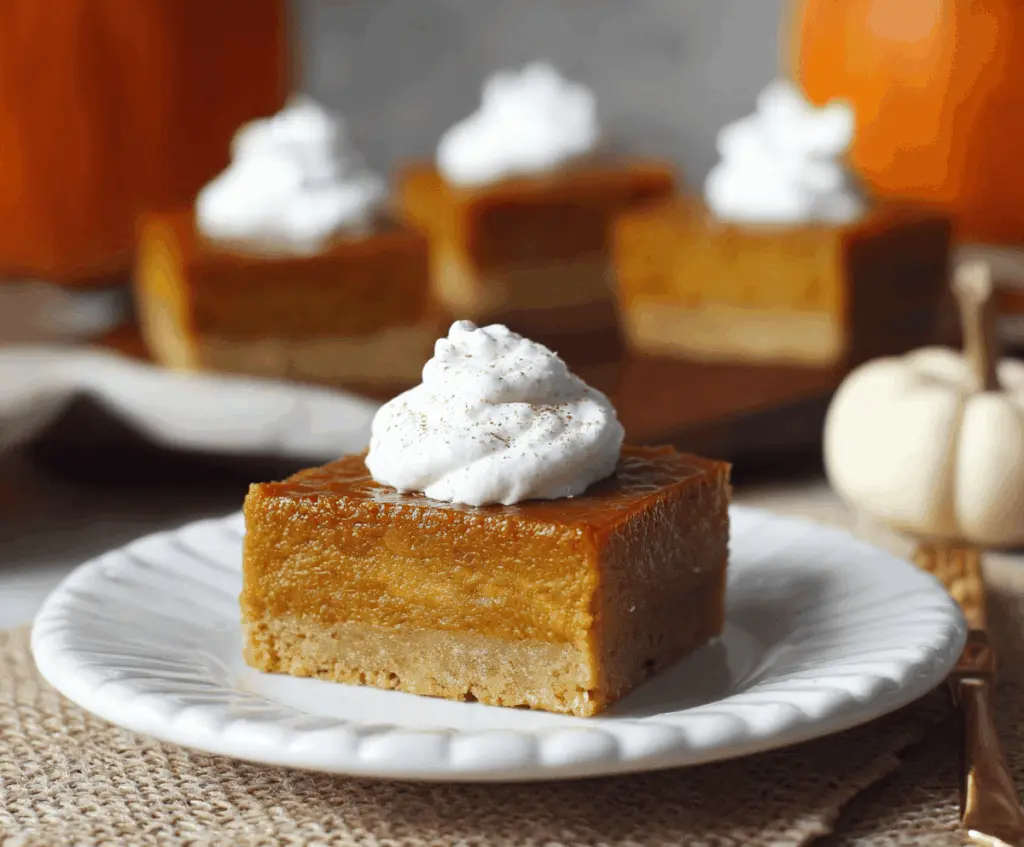 Delicious homemade pumpkin pie bars with a spiced pumpkin filling and crumbly graham cracker crust