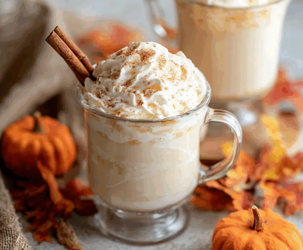 Creamy Pumpkin White Hot Chocolate topped with whipped cream and spices, perfect for fall cozy evenings.