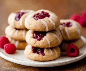 Delicious Raspberry Almond Butter Cookies on a white plate with fresh raspberries in the background.