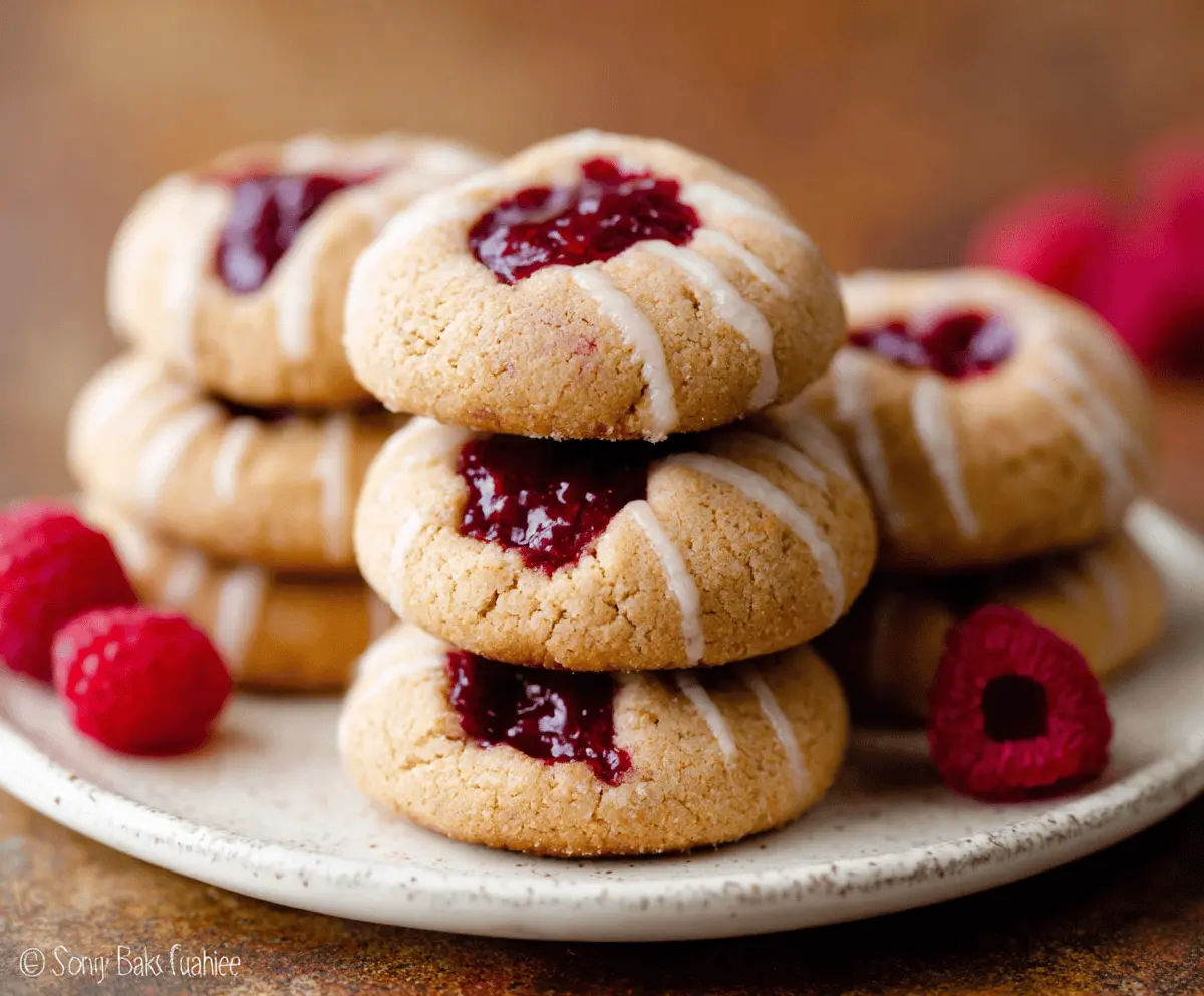 Delicious Raspberry Almond Butter Cookies on a white plate with fresh raspberries in the background.