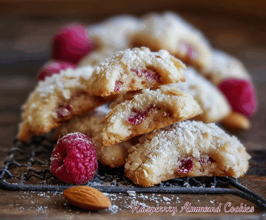 Delicious Raspberry Almond Crescent Cookies on a plate, showcasing a golden-brown, flaky crust with fresh raspberries and sliced almonds.