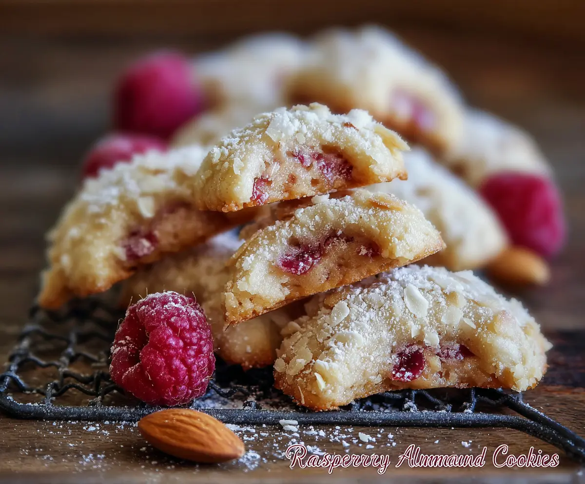 Delicious Raspberry Almond Crescent Cookies on a plate, showcasing a golden-brown, flaky crust with fresh raspberries and sliced almonds.