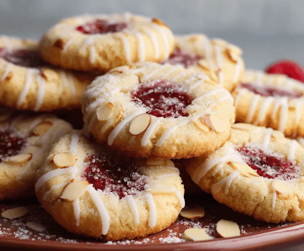 Delicious Raspberry Almond Shortbread Cookies with fresh raspberries and sliced almonds on a rustic plate.