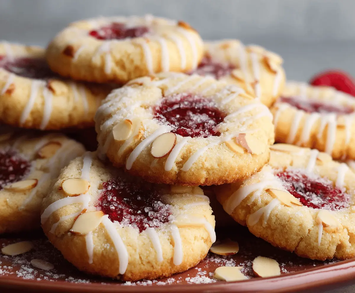 Delicious Raspberry Almond Shortbread Cookies with fresh raspberries and sliced almonds on a rustic plate.
