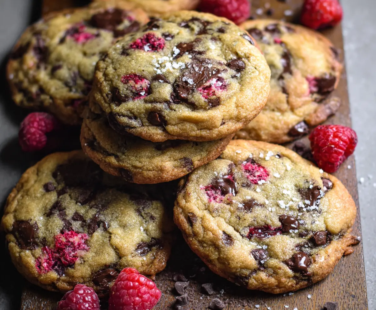 Delicious raspberry and chocolate chip cookies on a rustic baking tray, perfect for dessert or tea time.
