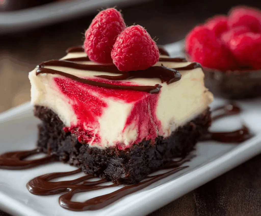 Delicious Raspberry Brownie Cheesecake topped with fresh raspberries and melted chocolate.