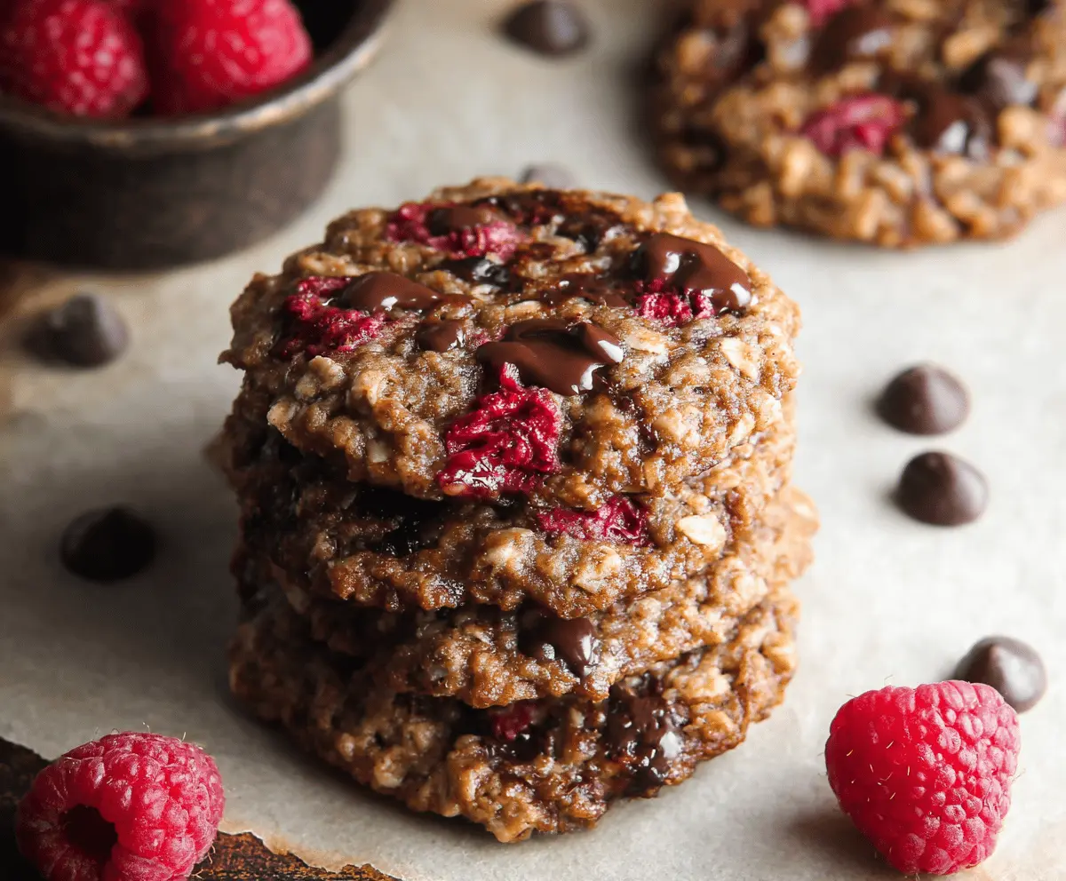 Delicious raspberry chocolate oatmeal cookies on a baking tray, perfect for a healthy snack.