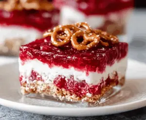Delicious Raspberry Pretzel Dessert with creamy topping and fresh raspberries on a decorative plate