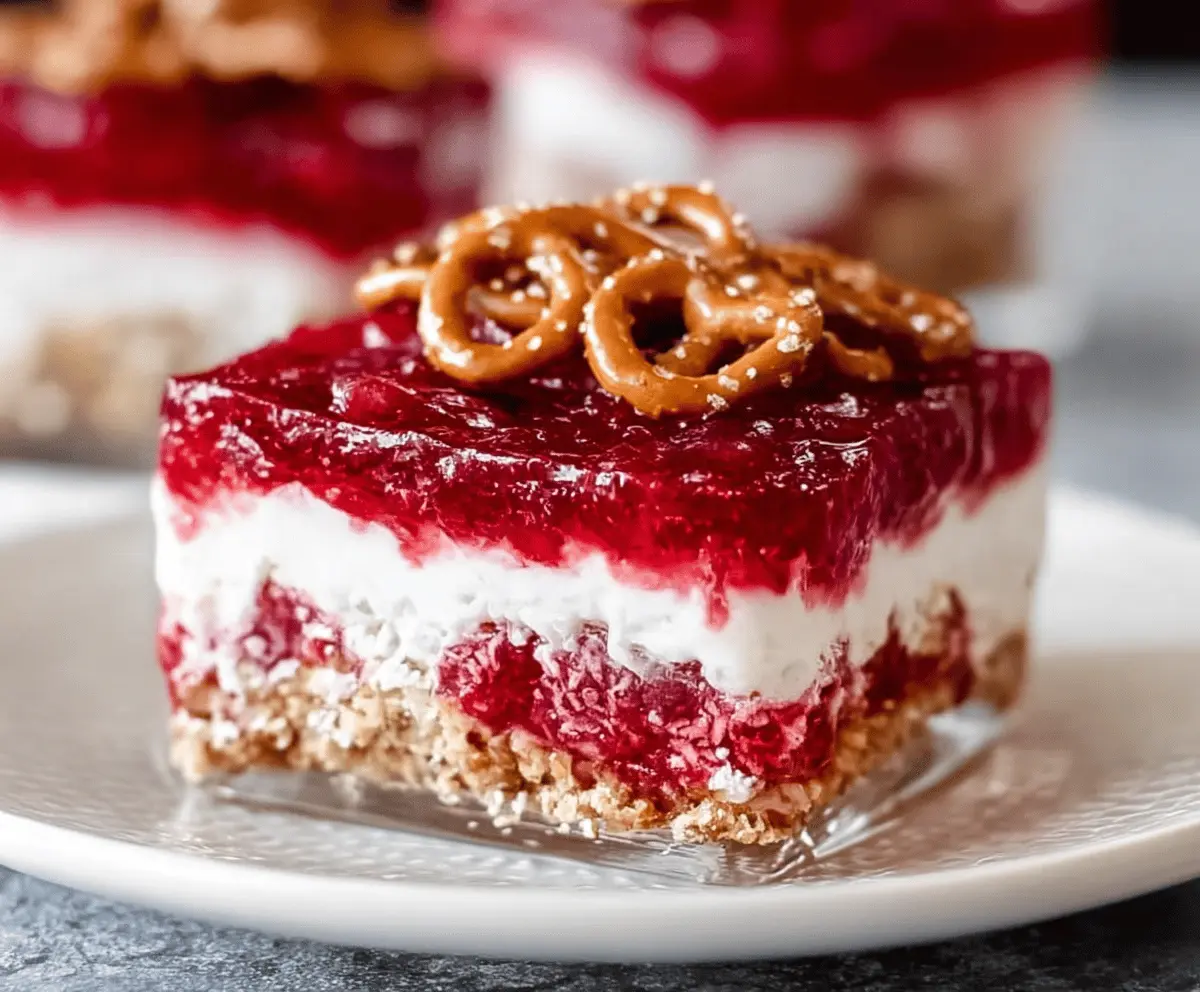 Delicious Raspberry Pretzel Dessert with creamy topping and fresh raspberries on a decorative plate