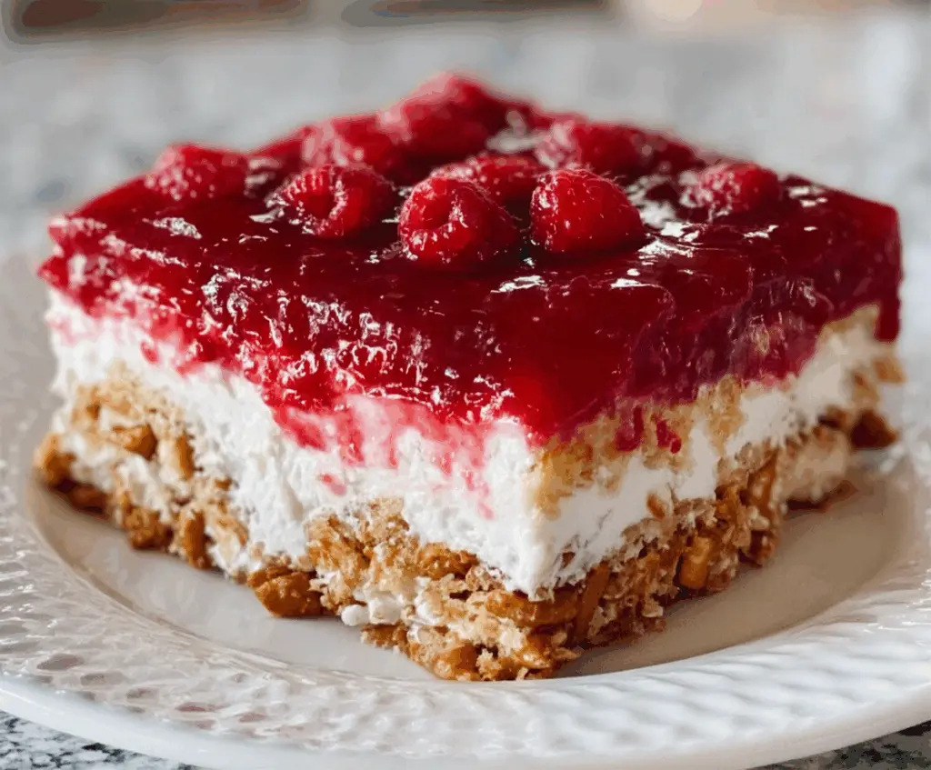 Delicious Raspberry Pretzel Salad Cake with layers of fresh raspberries, creamy filling, and crunchy pretzel crust.