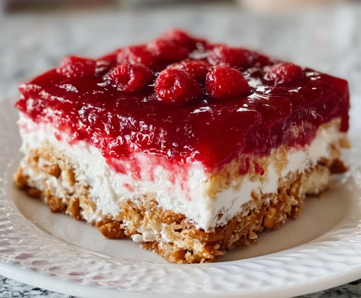 Delicious Raspberry Pretzel Salad Cake with layers of fresh raspberries, creamy filling, and crunchy pretzel crust.