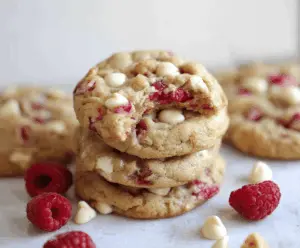 Delicious Raspberry White Chocolate Chip Cookies fresh out of the oven with vibrant raspberry pieces and creamy white chocolate chunks.