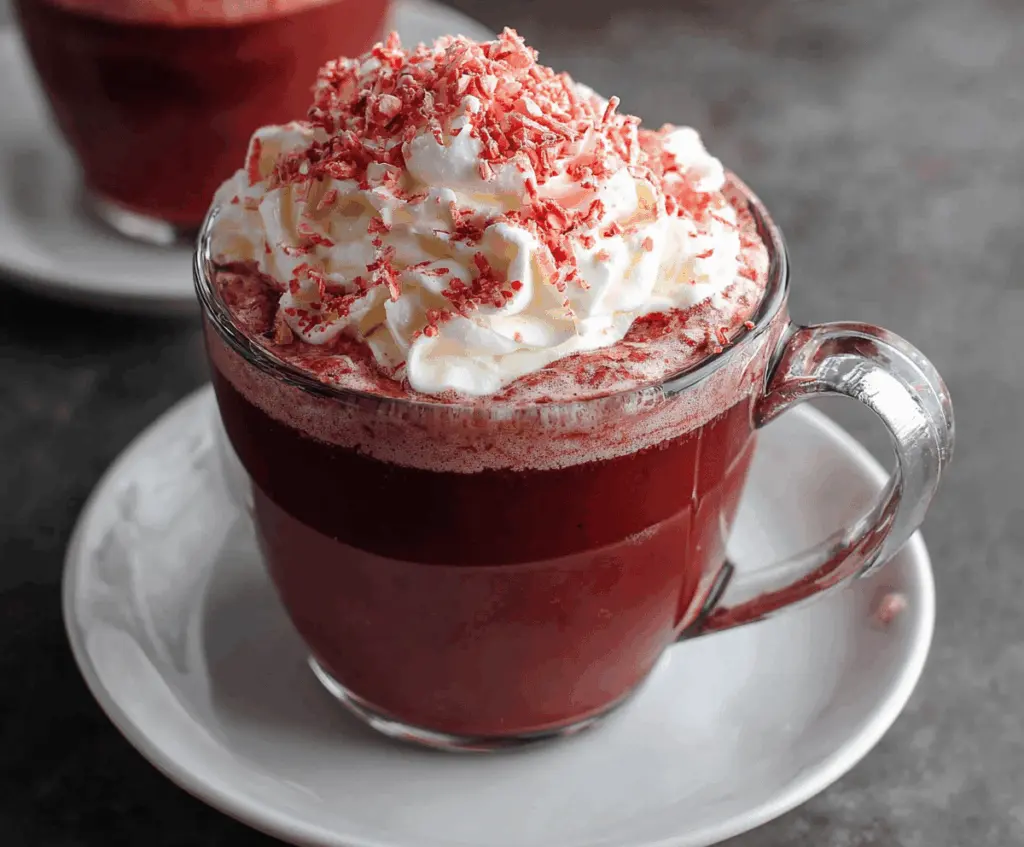 Rich and creamy red velvet hot chocolate topped with whipped cream and chocolate shavings.