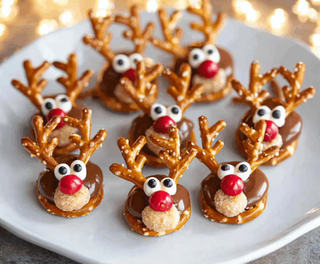 Cute Reindeer Pretzel Bites with icing and pretzels for festive holiday snacking