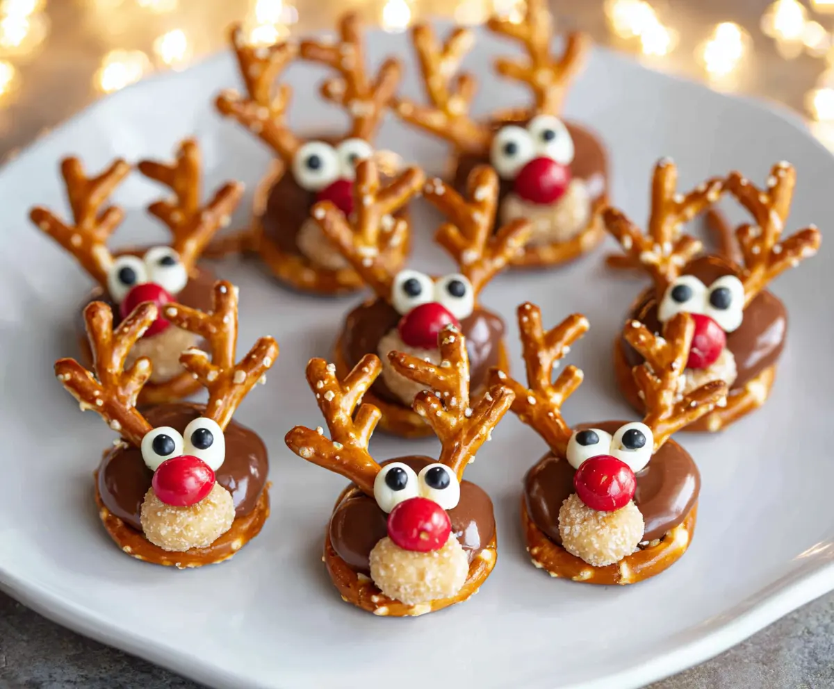 Cute Reindeer Pretzel Bites with icing and pretzels for festive holiday snacking
