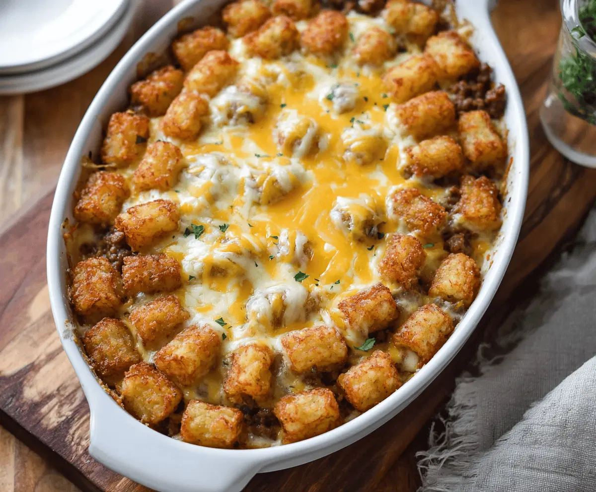 Delicious Sausage Gravy Breakfast Tater Tot Casserole served hot with crispy tater tots and rich sausage gravy.