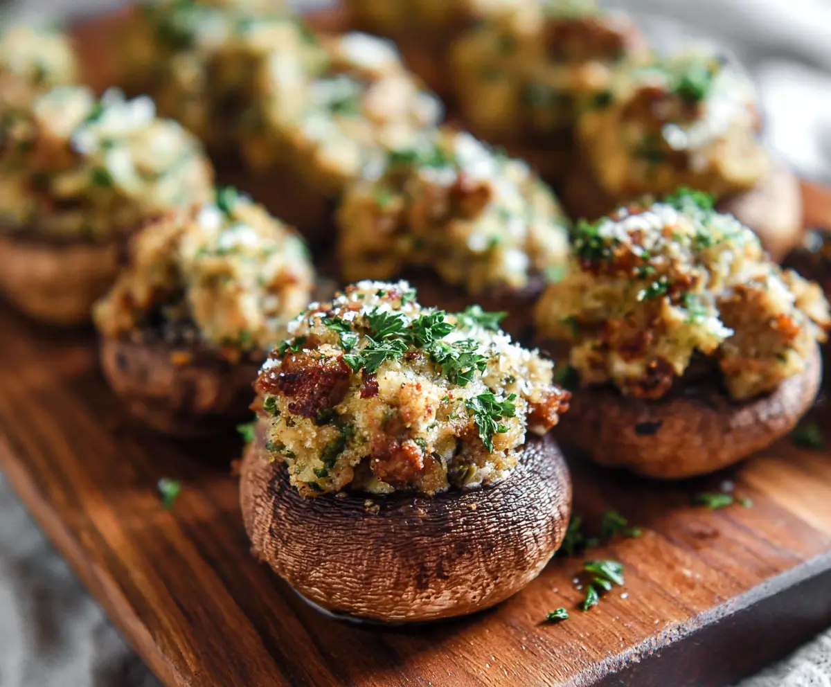 Delicious sausage stuffed mushrooms baked to perfection, a savory appetizer for any occasion.