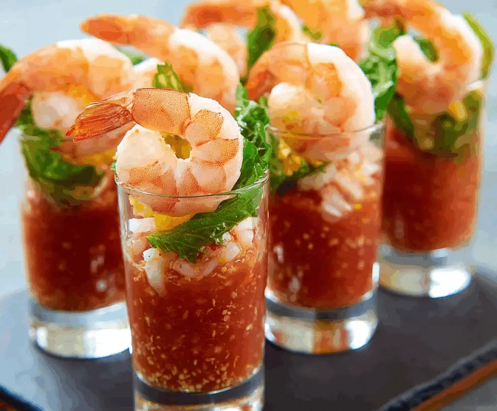 Elegant shrimp cocktail shooters served in small glasses with fresh lemon wedges.