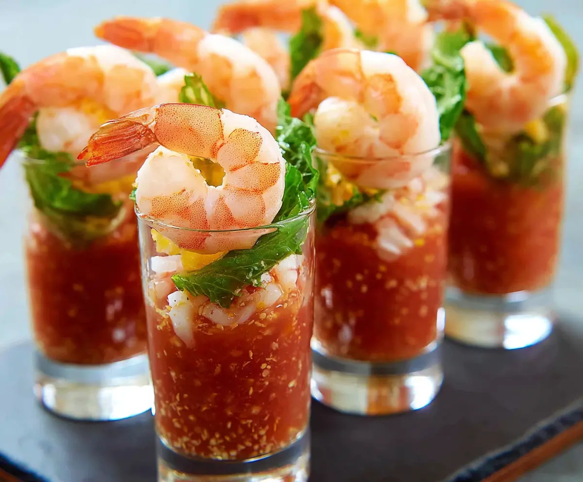 Elegant shrimp cocktail shooters served in small glasses with fresh lemon wedges.