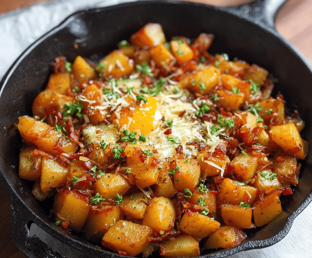 Delicious skillet breakfast potatoes with crispy golden exterior and fluffy interior, perfect for a hearty breakfast.