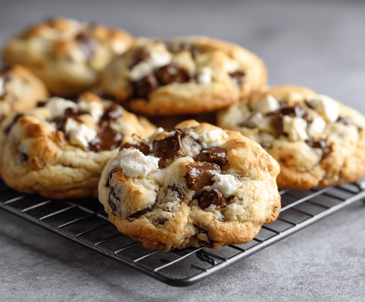 Delicious soft-batch cream cheese chocolate chip cookies fresh out of the oven.