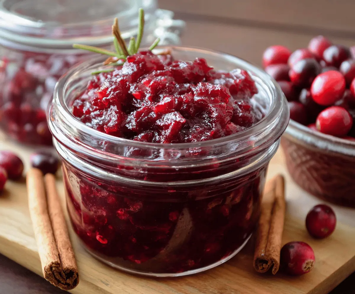 Close-up of Spicy Chipotle Cranberry Chutney in a bowl, showcasing vibrant red cranberries and spicy chipotle peppers.