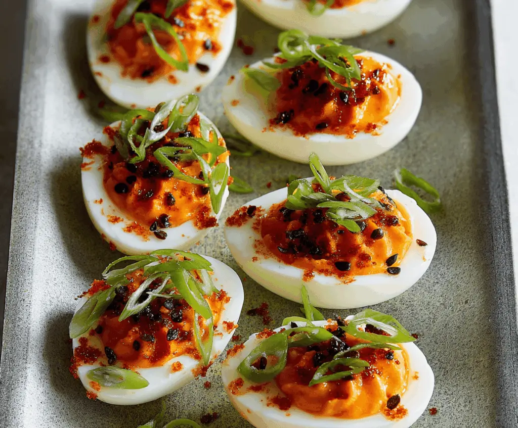 Spicy Gochujang Deviled Eggs on a plate with garnish, showcasing vibrant red filling and garnishes for a flavorful appetizer.
