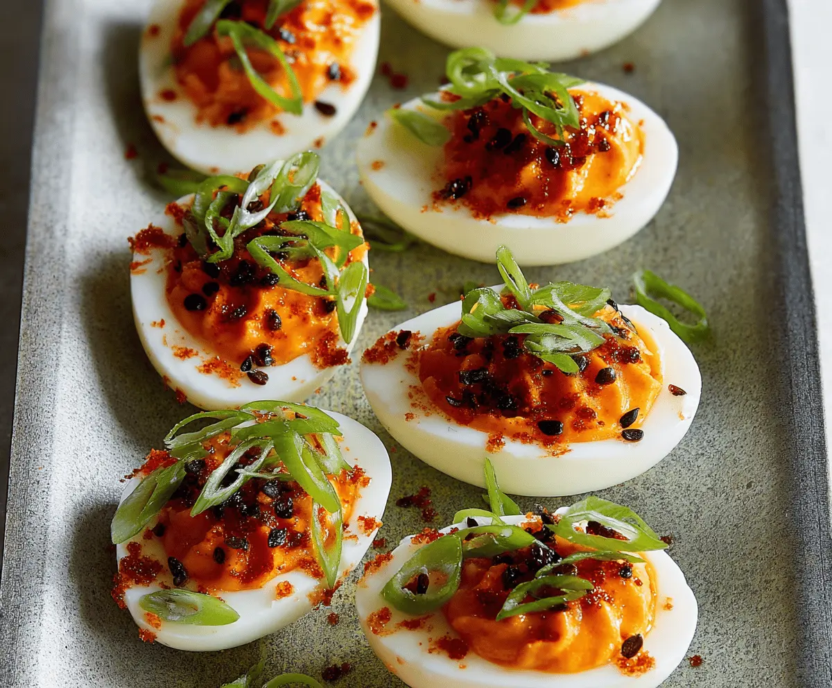 Spicy Gochujang Deviled Eggs on a plate with garnish, showcasing vibrant red filling and garnishes for a flavorful appetizer.