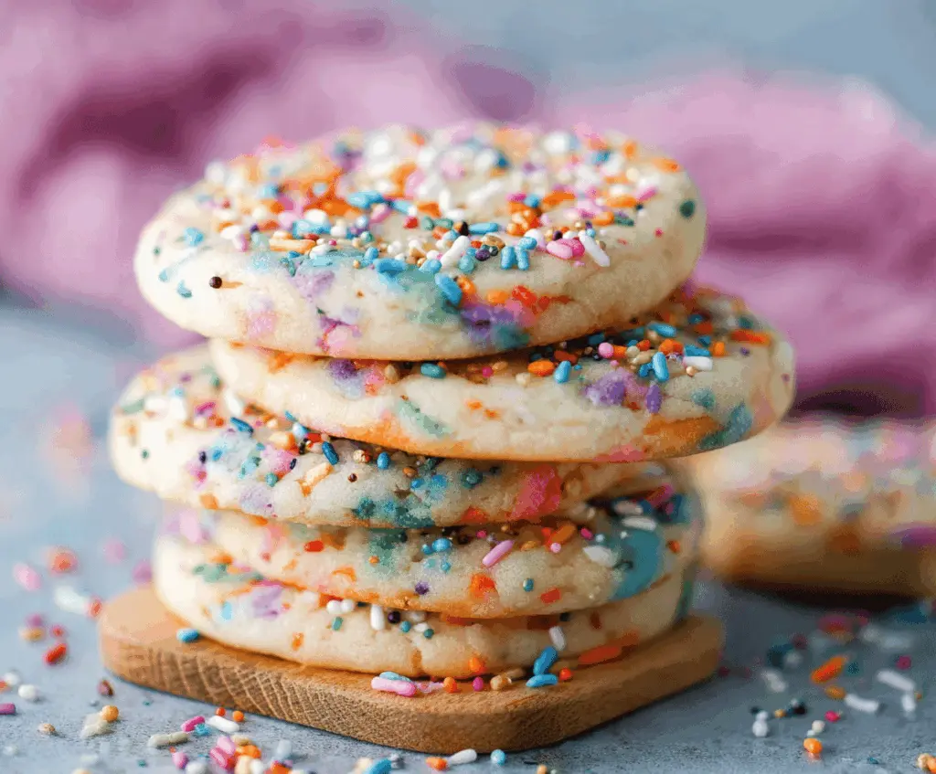 Freshly baked sprinkle sugar cookies on a cooling rack with colorful sprinkles on top.