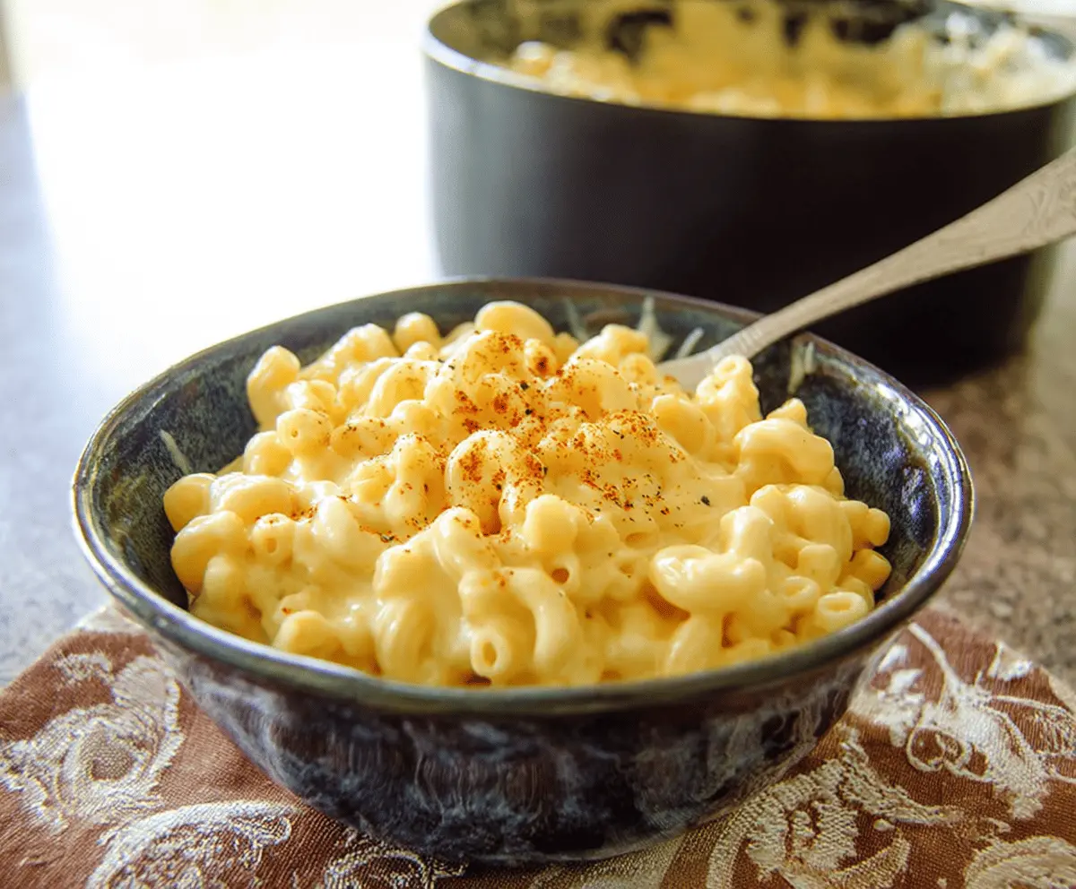 Creamy stovetop mac and cheese served in a bowl, delicious comfort food for dinner.