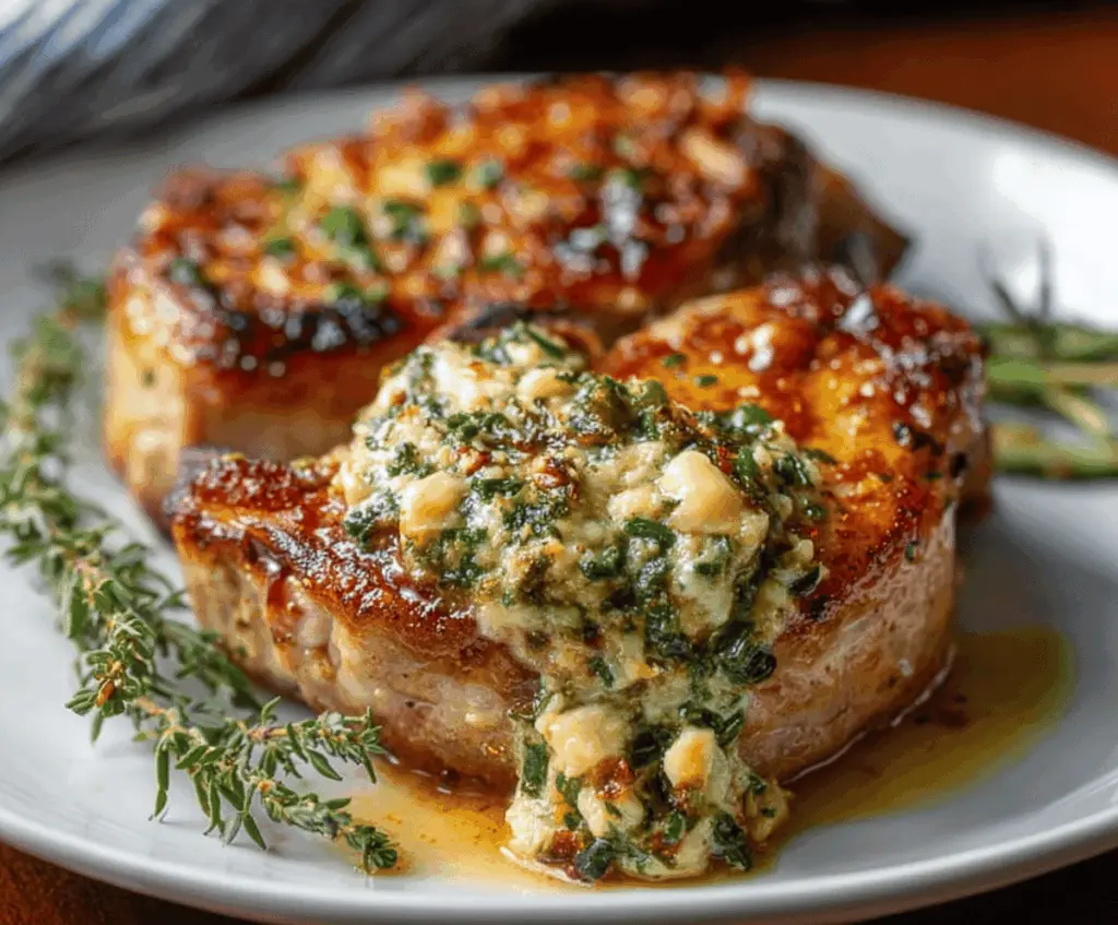 Juicy stuffed pork chops filled with flavorful herbs and cheese, served on a rustic wooden board.