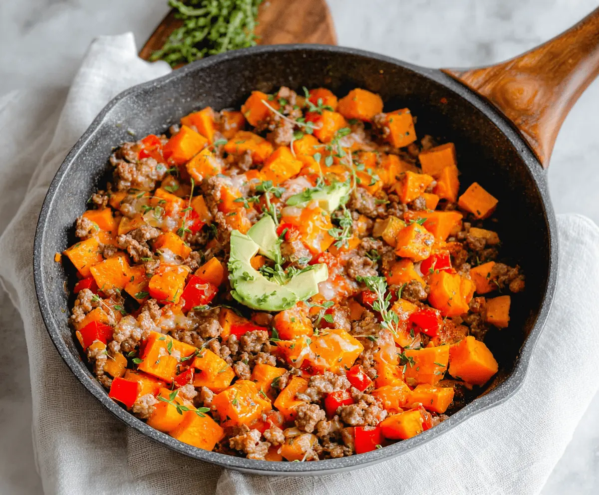 Delicious sweet potato and ground beef skillet with colorful vegetables served in a skillet dish.