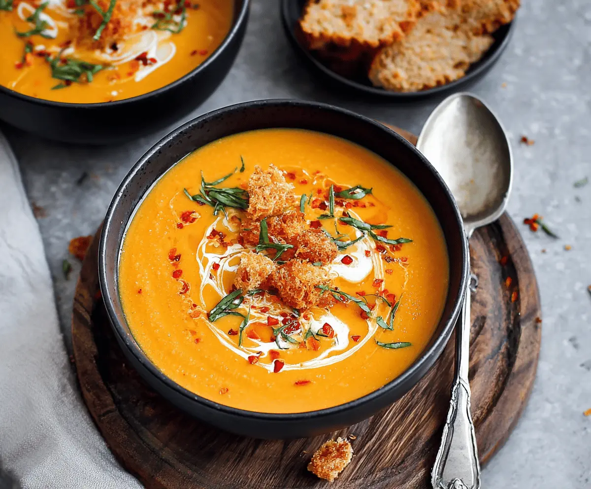 Creamy sweet potato and carrot curry soup in a bowl, garnished with fresh herbs.