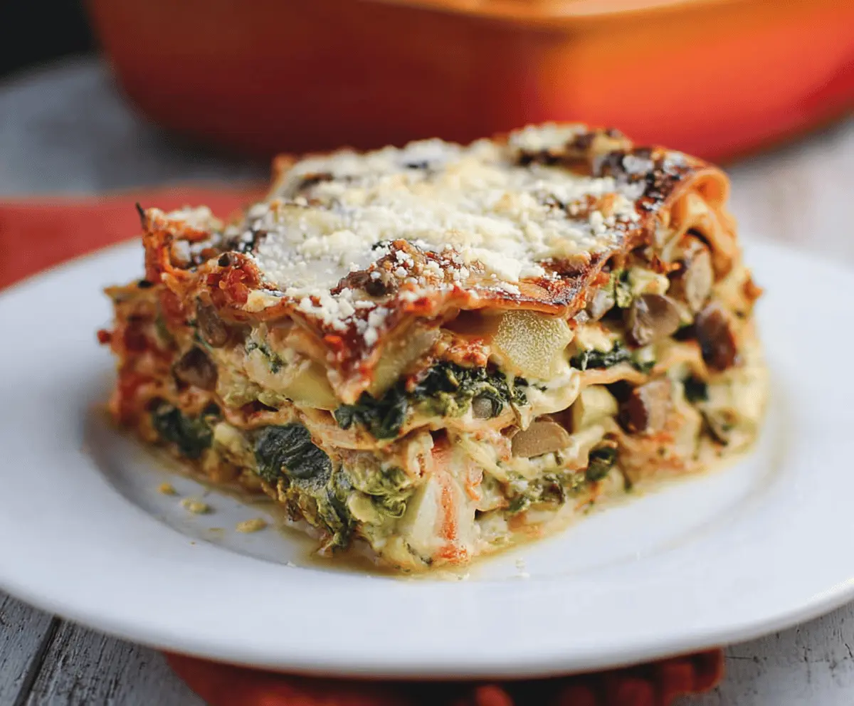 Delicious sweet potato spinach lasagna layered with melted cheese and fresh greens.