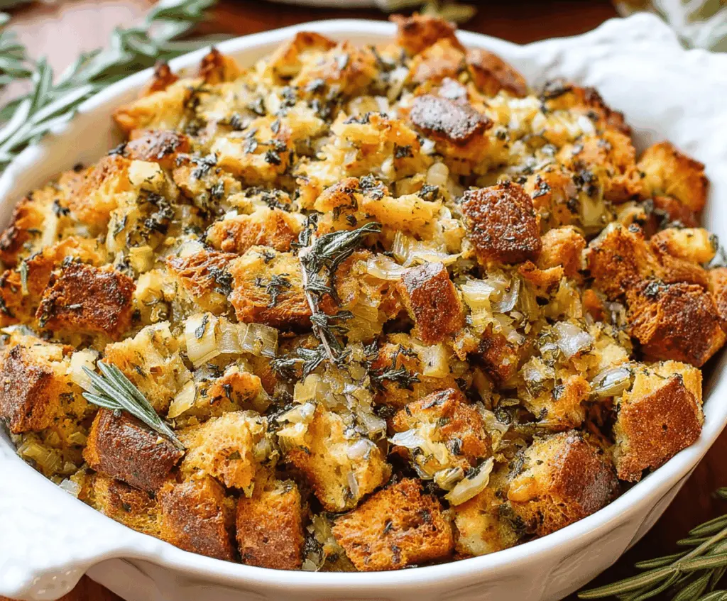 A delicious traditional Thanksgiving stuffing made with bread crumbs, herbs, and vegetables ready to serve.