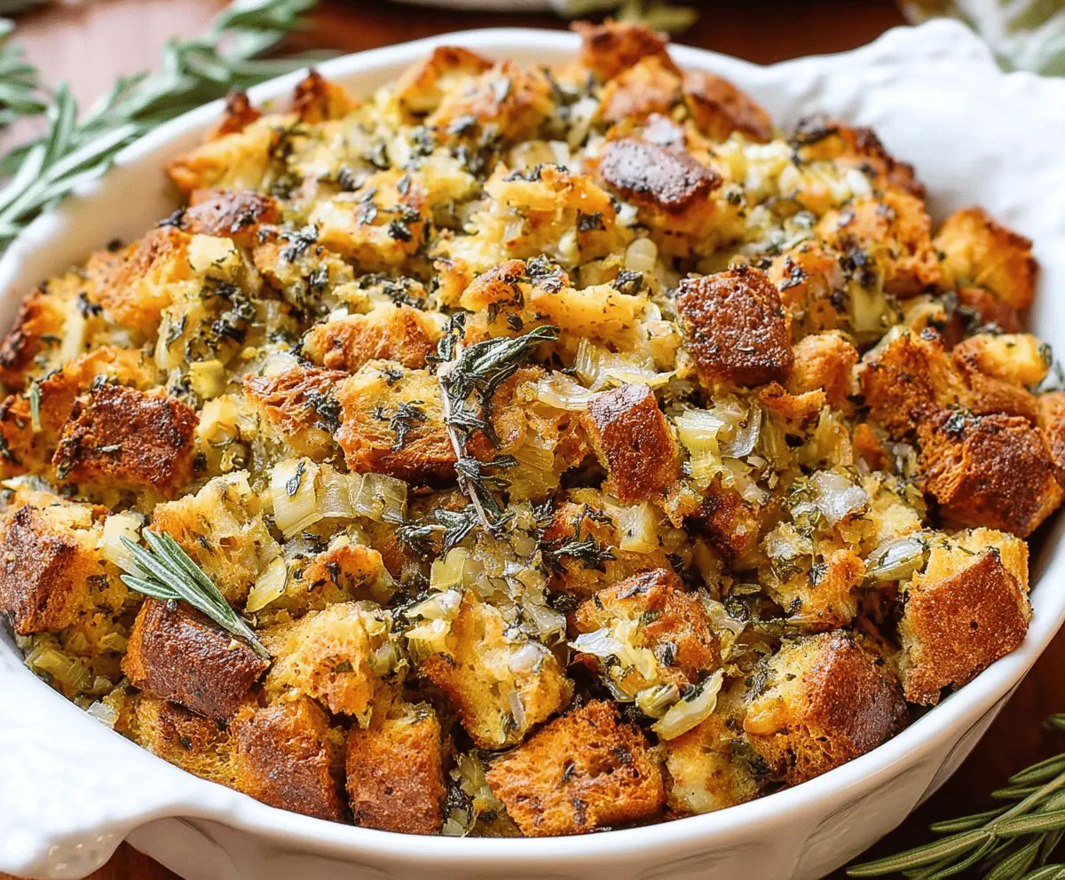 A delicious traditional Thanksgiving stuffing made with bread crumbs, herbs, and vegetables ready to serve.